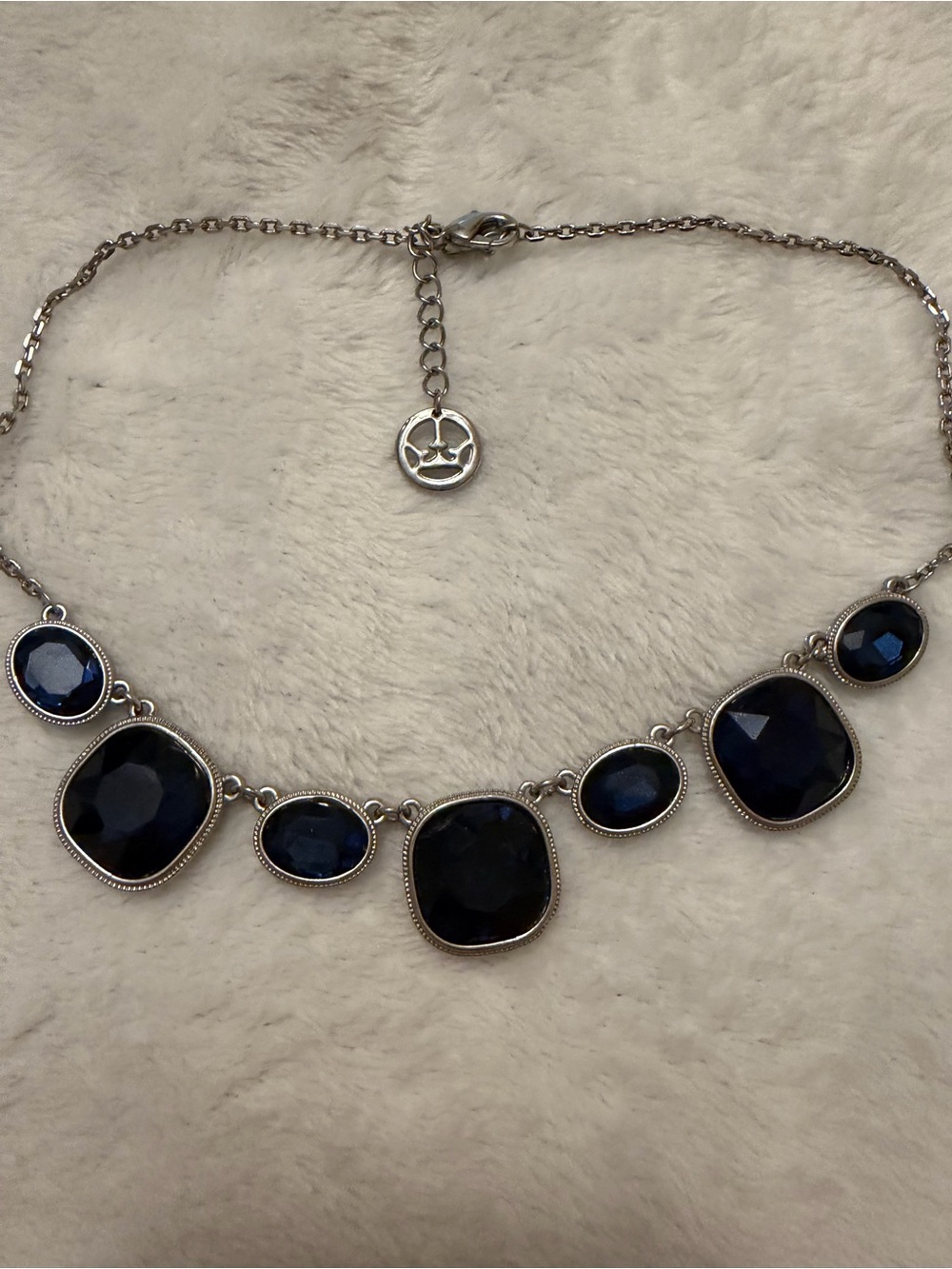 Vintage Crown Trifari Silver-Tone Navy Blue Stone Statement Necklace. Beautiful!